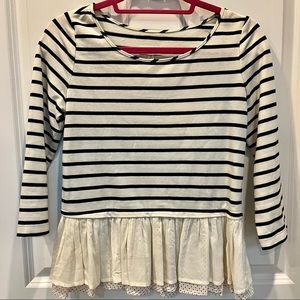 Women’s SZ S MAISON JULES Black & White Striped 3/4 Sleeve Crew Neck Peplum Top